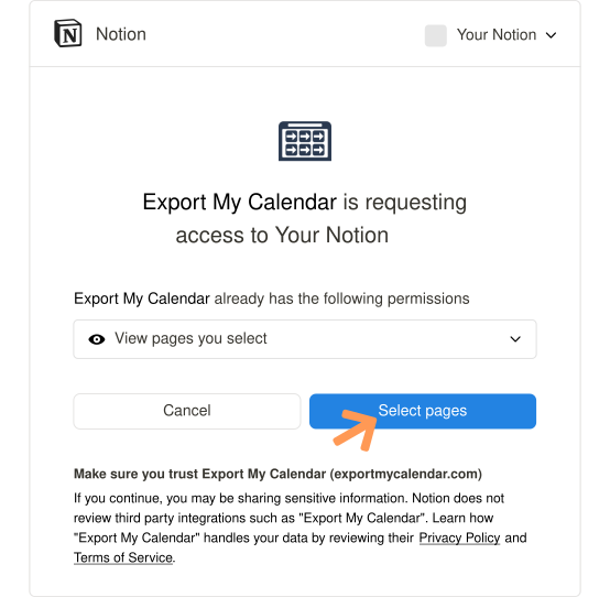 Click select pages in the notion access request window